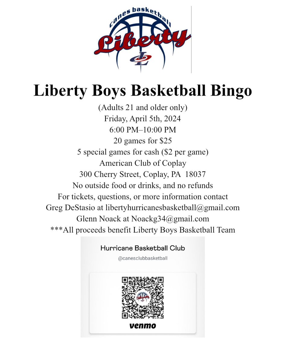 3 days left to purchase tickets for the Liberty Boys Basketball Bingo Fundraiser! Don’t miss out on a chance to win some great prizes while supporting our program. The list of raffle prizes keeps growing day by day!