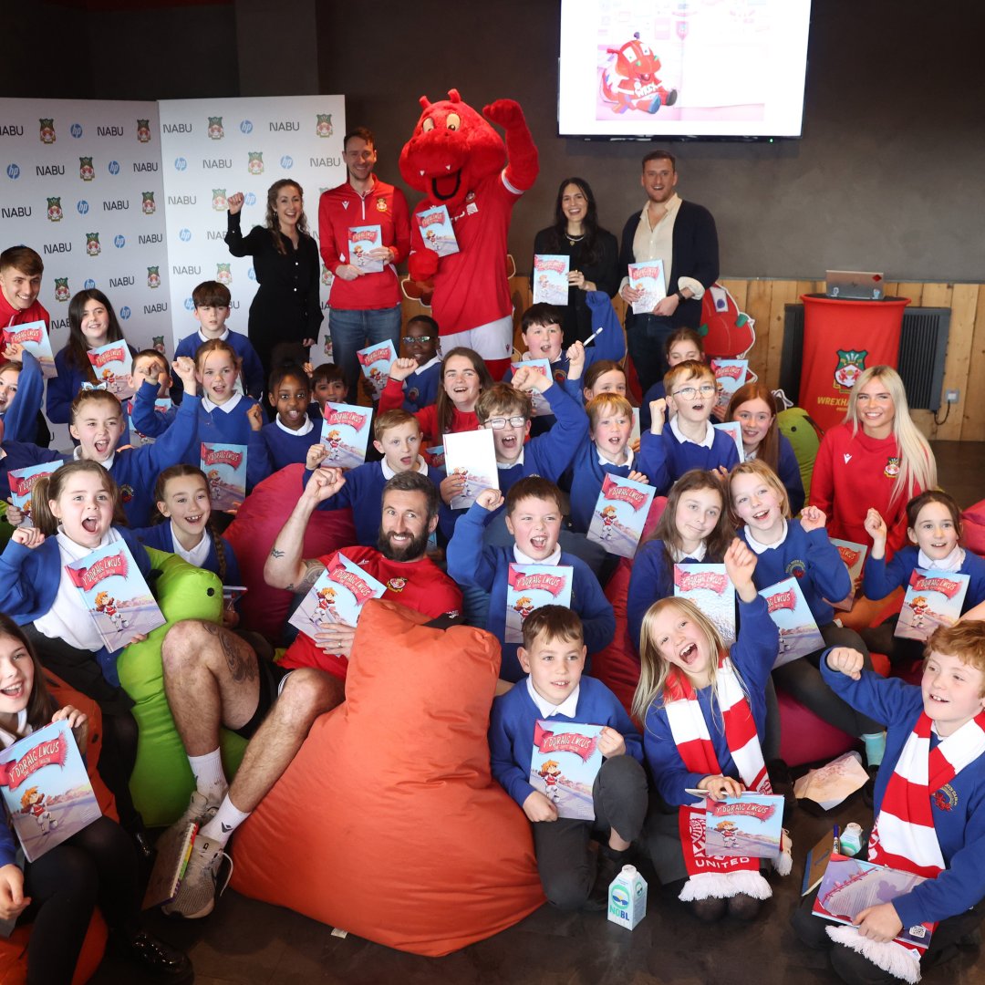 Together with @nabuorg, we welcomed local Welsh school children to read along with @Wrexham_AFC men’s and women’s players as we celebrated the launch of our bilingual book: The Lucky Dragon. Read the book online at nabu.org/wrexham
#HPxWxmAFC 
#ReadWithNABU
🔴⚪ #WxmAFC