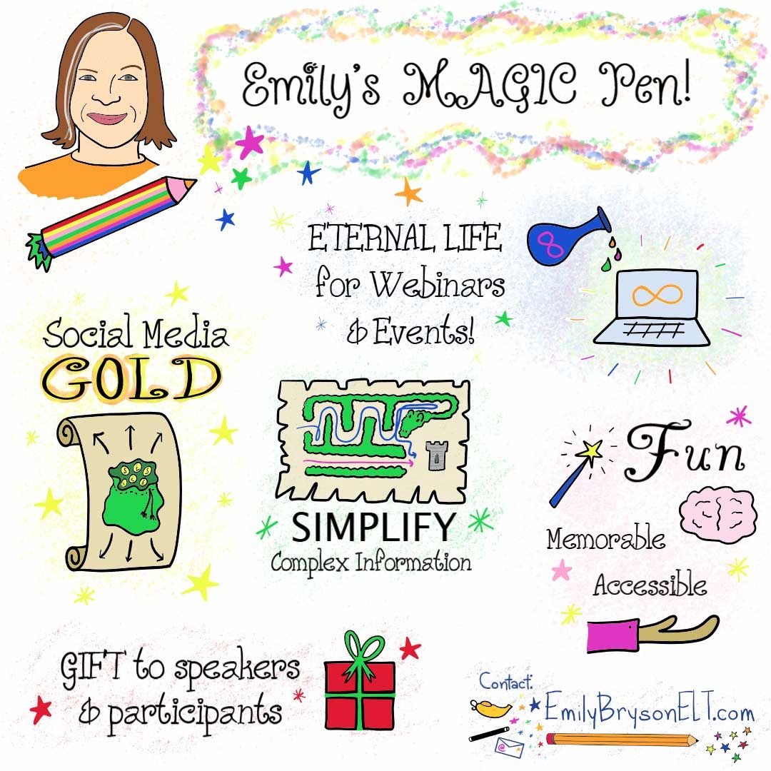 Speaking at a #conference? #Research to simplify? My MAGIC PEN is only a DM away! 🪄 #Sketchnotes are: ✨ accessible ✨ sustainable ✨ understandable ✨ fun ✨ shareable ✨ memorable emilybrysonelt.com #sketchnoting #webinar #visualrecording #graphicrecording #event