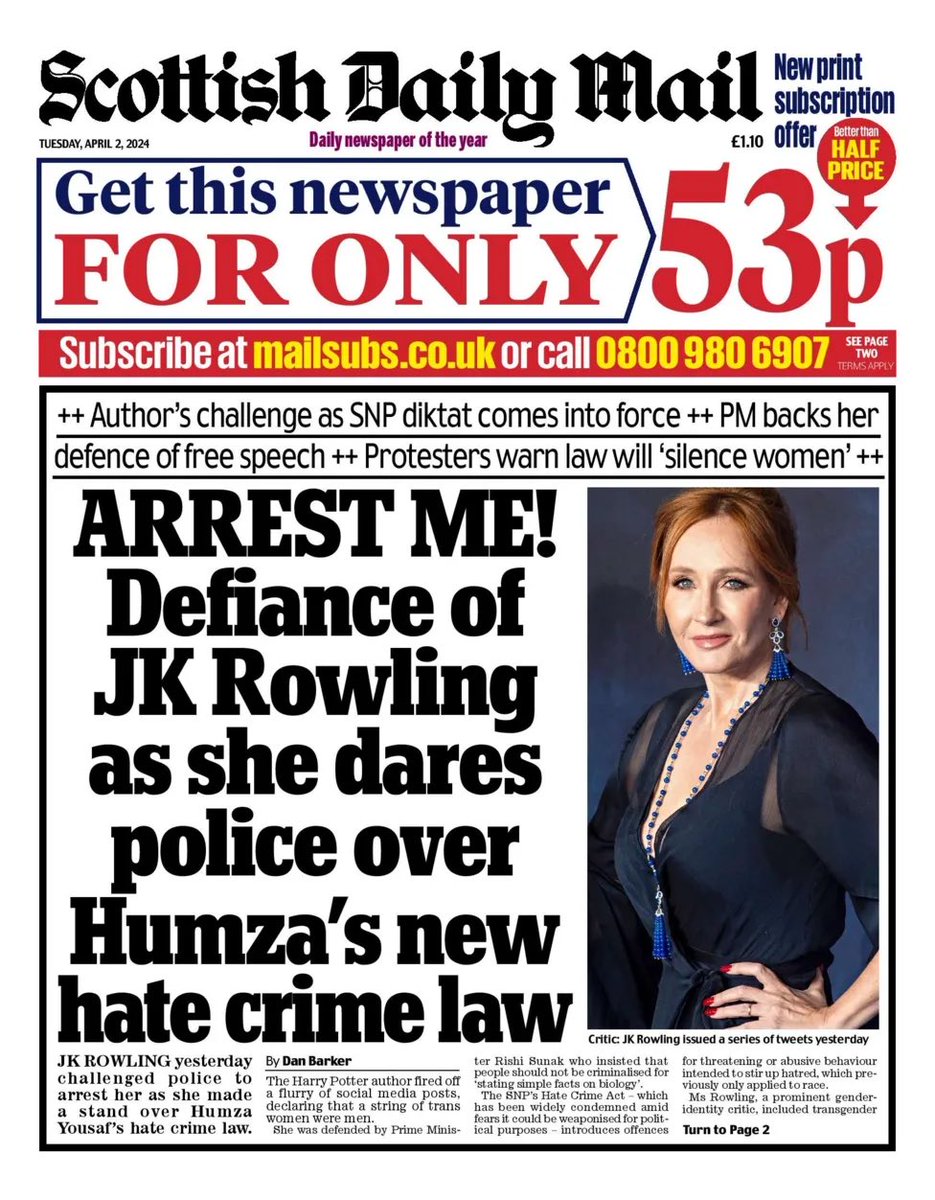 . @jk_rowling is doing a stand up job of showing how ludicrous the SNP’s new Hate Crime Act is. No one should be criminalised for stating biological facts. The Act is an assault on free speech & women’s rights. Only @ScotTories voted against it.