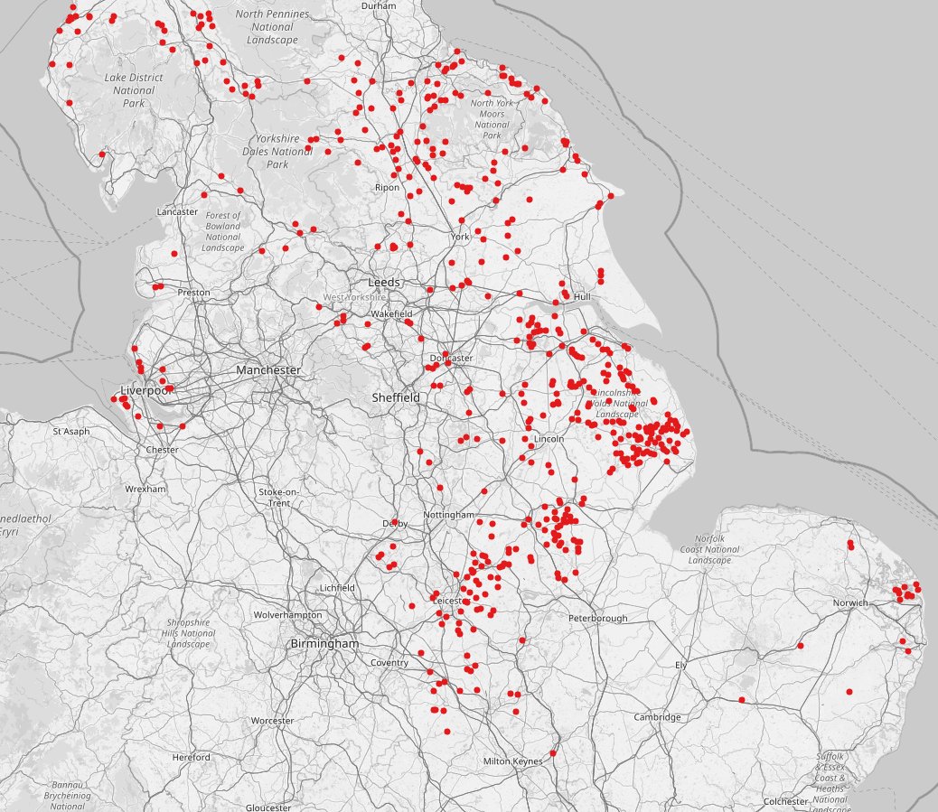 Love this place names tool. The '-by' endings (in red) show you how far the vikings got (Leicestershire, basically) and 'Pen-' starts how the Britons fell back to the west when the Anglo-Saxons came.