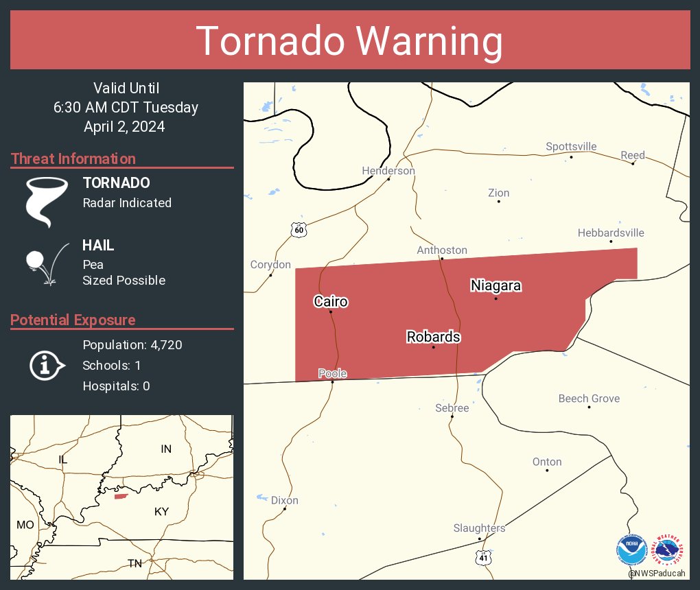 Tornado Warning including Robards KY, Niagara KY and Cairo KY until 6:30 AM CDT