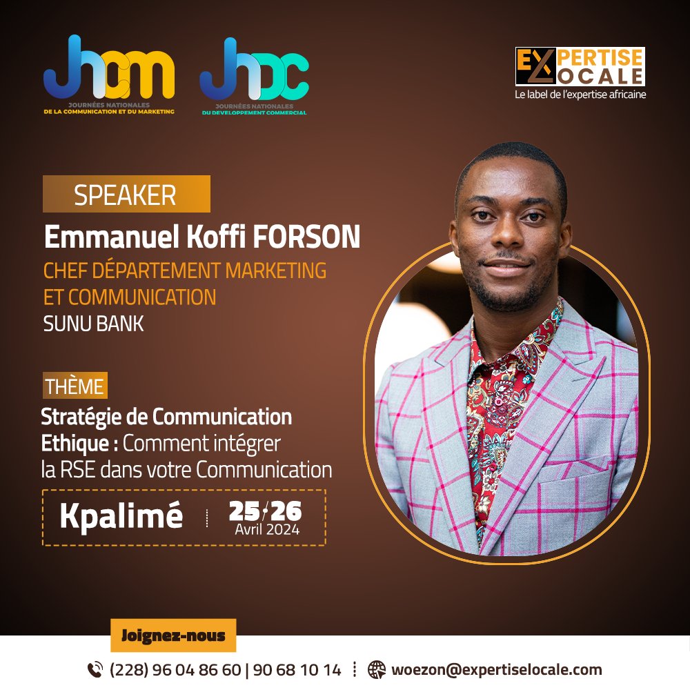 Passé par Sudcom, Canal + ou encore GVA Togo, Emmanuel Koffi FORSON totalise 13 ans d'expériences dans les secteurs de la #Vente, de la #Communication et du #Marketing. #JNMETIERS #JNCM #JNDC #CapitalHumain #ExpertiseLocale