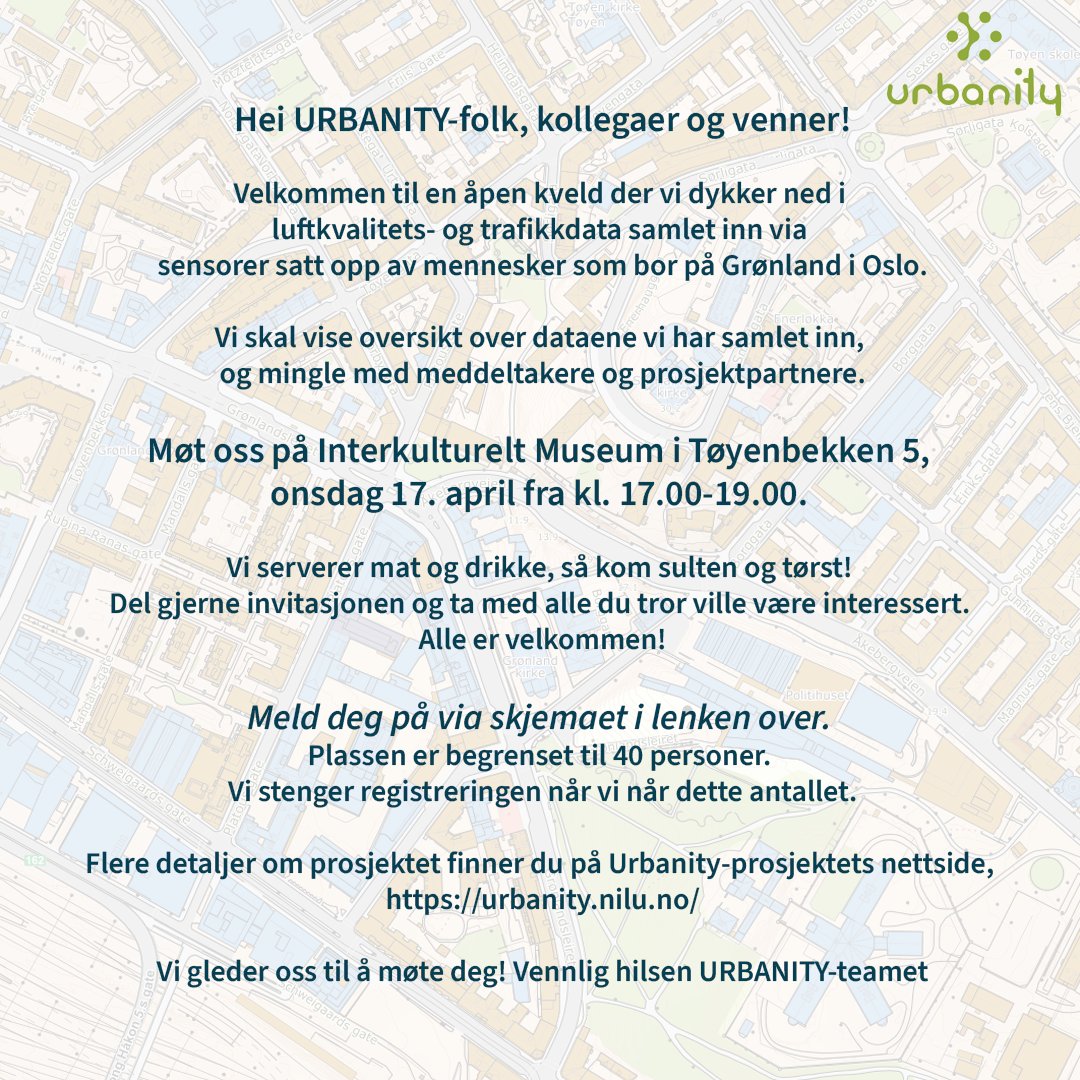 Hei #URBANITY-folk, kollegaer og venner! Velkommen til åpen kveld om luftkvalitets- og trafikkdata samlet inn via sensorer på Grønland i #Oslo! 📅: Onsdag 17. april fra kl. 17.00-19.00 🗺️: Interkulturelt Museum, Tøyenbekken 5, Oslo Meld deg på her: shorturl.at/agwS5