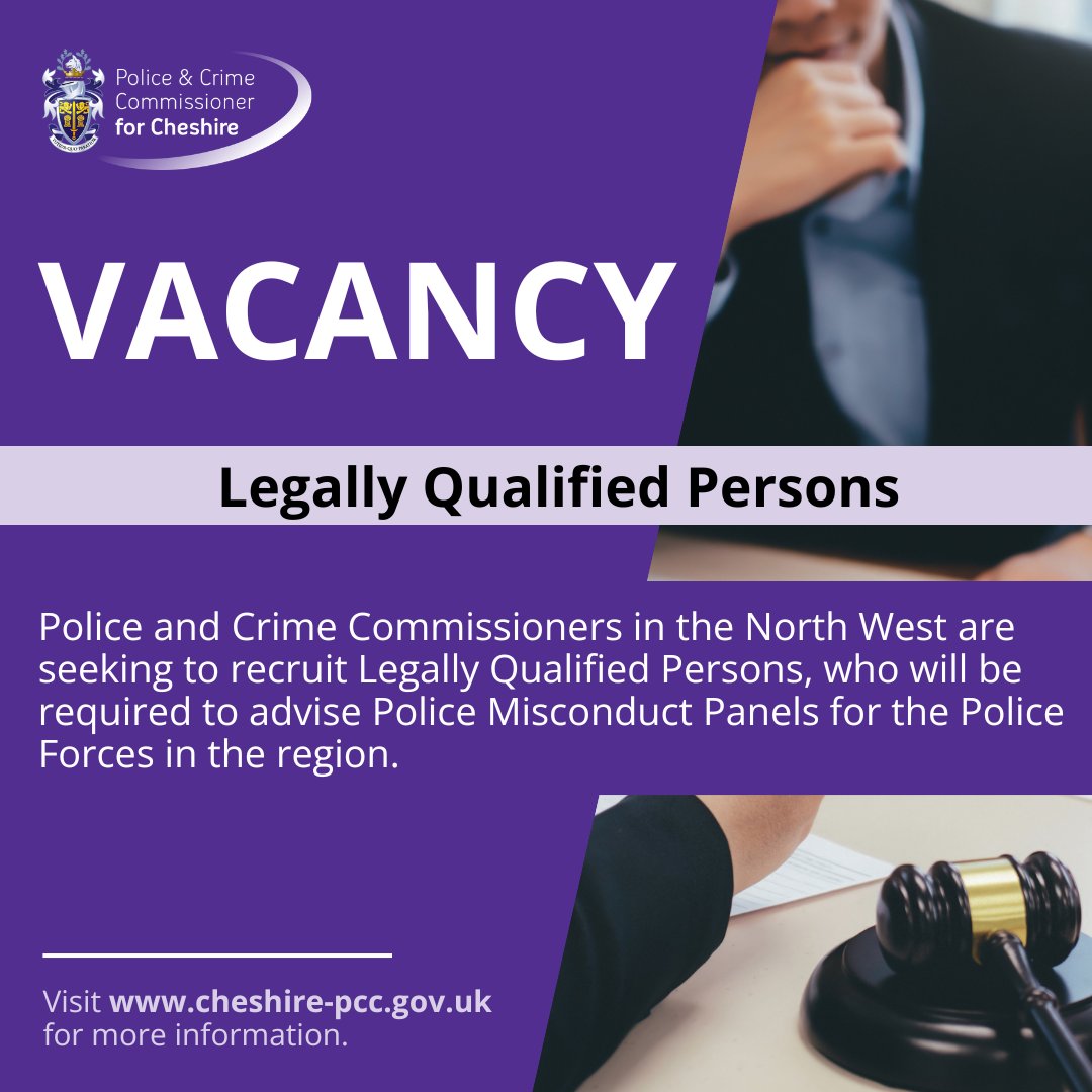 OPCCs in the North West are seeking to recruit Legally Qualified Persons who will be required to advise Police Misconduct Panels for the Police Forces in the region. Closing date for application is 10 April. More information ➡️ orlo.uk/88JIy
