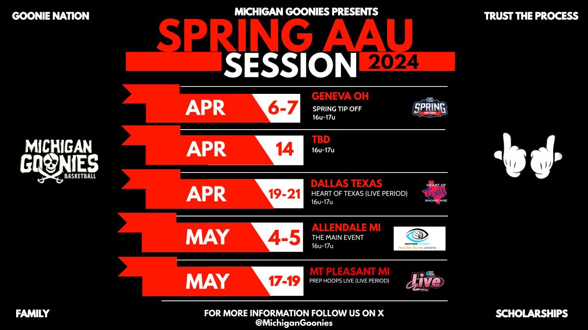 Michigan Goonies AAU (@michigangoonies) on Twitter photo 🚨 college coaches, here is our spring schedule for both 16 and 17u! We look forward to showcasing our talents this spring! #GoonieNation #TrustTheProcess #Family #Scholarships <a href="/MichHSBball/">Mich HS Bball</a> 🚨 college coaches, here is our spring schedule for both 16 and 17u! We look forward to showcasing our talents this spring! #GoonieNation #TrustTheProcess #Family #Scholarships <a href="/MichHSBball/">Mich HS Bball</a>