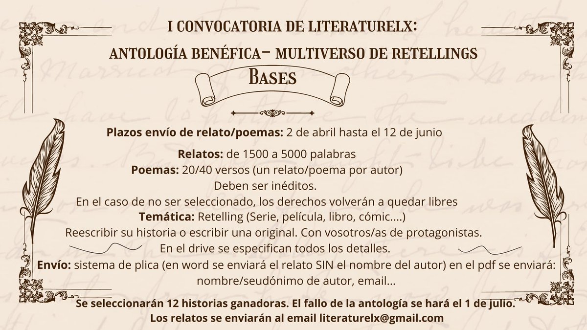 CONVOCATORIA PARA NUESTRA PRIMERA ANTOLOGÍA BENÉFICA: "MULTIVERSO DE RETELLINGS"! Con <a href="/Literaturelx_/">LiteraturElx</a>

Desde hoy hasta el 12 de junio

¡Tenéis todas las bases al completo en la imagen y en el drive!

¿Un RT para difundir? ¡3000 gracias y mucha suerte! 🔥

docs.google.com/document/d/1Cb…
