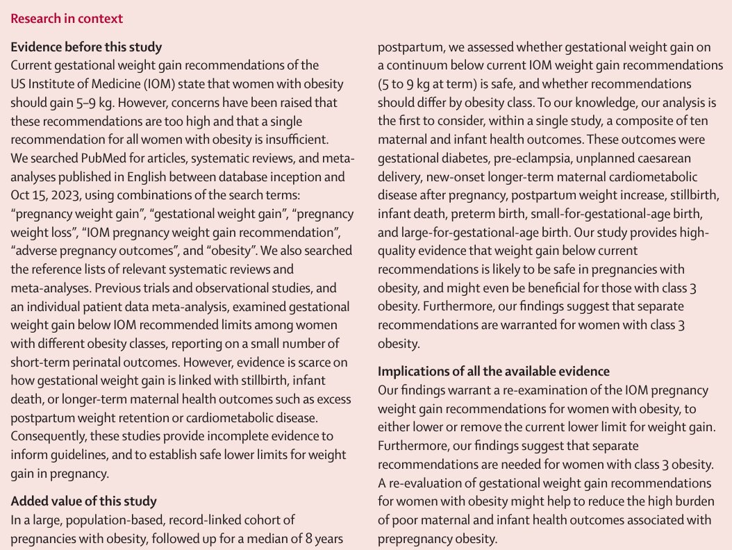 There are concerns that current gestational weight gain recommendations for women with obesity (5–9kg at term) are too high.

"Our findings support calls to lower or remove the lower limit of current IOM recommendations", say authors of a recent study.

🔗 hubs.li/Q02rt5ZK0