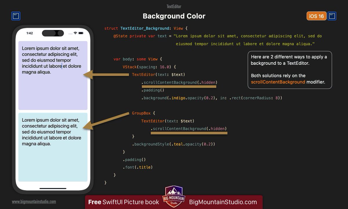 ❓How can you customize the background of a #SwiftUI TextEditor? 💡Here are two ways. The key is to set the scrollContentBackground to hidden. 📕From SwiftUI Views Mastery picture book. 🤔Which method do you prefer? Padding + Background or GroupBox + backgroundStyle?