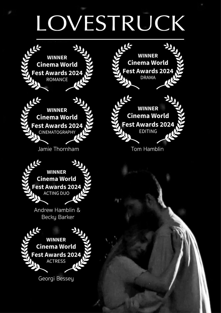 Excited to announce that my film Lovestruck won 6 more awards at the Cinema World fest awards 2024 Including - Romance Drama Acting Duo Actress Editing Cinematography Thanks Cinema world fest for the opportunity! #shortfilm #Awards #movies #Cinema