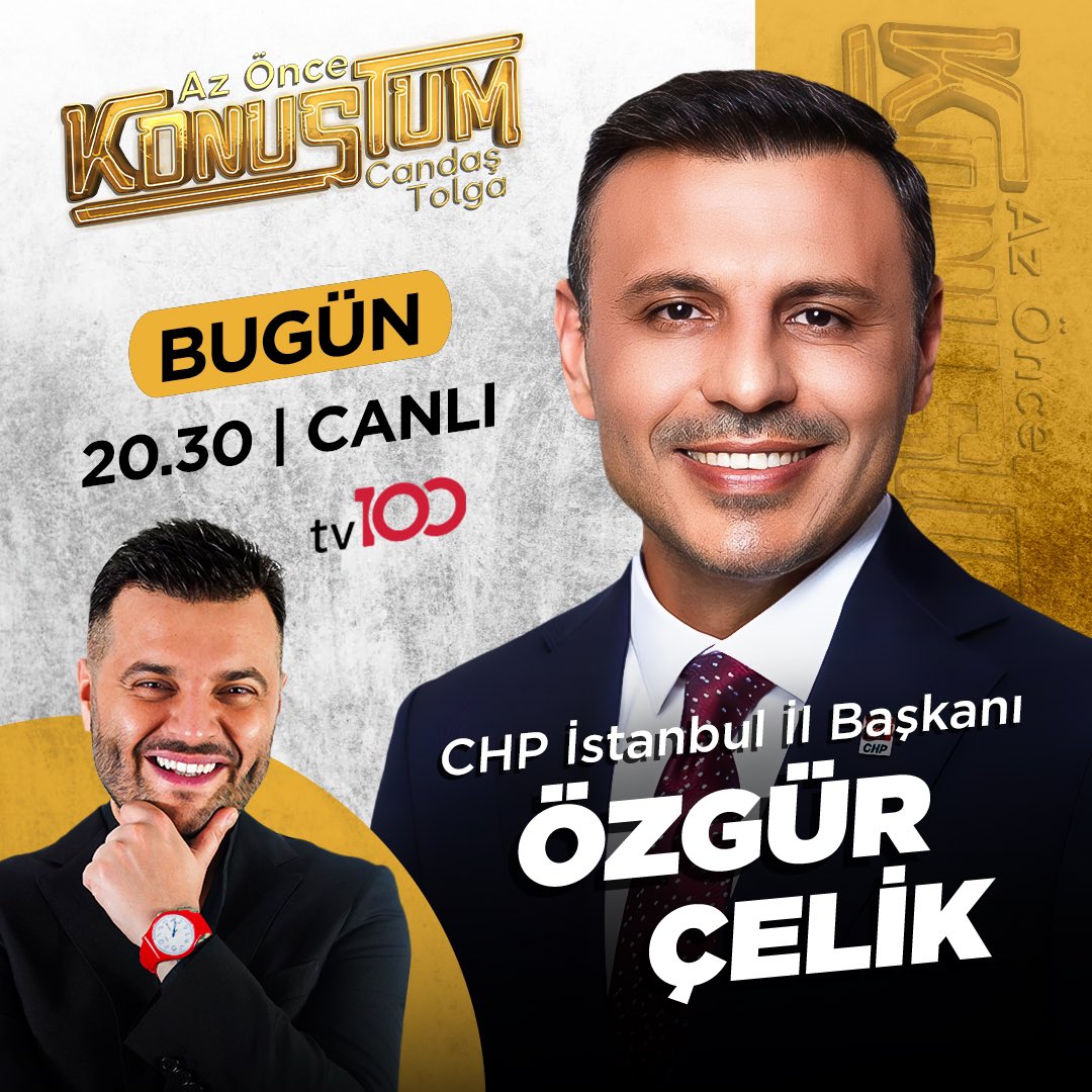 📢 Az Önce Konuştum’un bugün canlı yayın konuğu CHP İstanbul İl Başkanı Özgür Çelik. 📺🔔 #AzÖnceKonuştum bugün 20.30'da tv100’de. 🚀 @ctisik @ozgurcelikchp @tv100