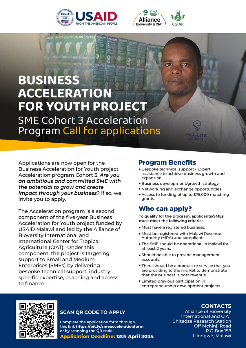 📣Are you an ambitious and committed SME with the potential to grow and create impact through your business? 👉If so, consider applying for the @USAID funded Business Acceleration for Youth project at: bit.ly/smeacceleratio… . View more info on the flyer! Deadline: April 12th