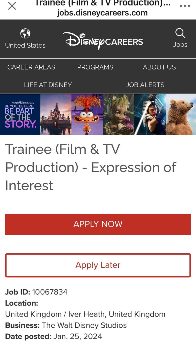WORK AT @DISNEY- FILM AND TV PRODUCTION TRAINEESHIP “Join our productions and become a part of the best storytelling teams in the world. We look for trainees across our productions in the following areas:

Production Management: Production Office, Accounts, Assistant Directors,