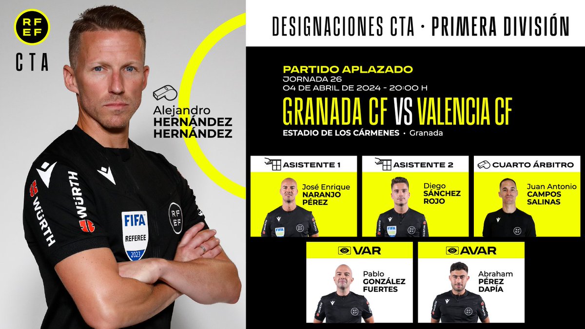 ⚖️ ÁRBITROS | Estos son los colegiados designados para el partido aplazado entre @GranadaCF y @valenciacf de la jornada 2⃣6⃣ en 𝐏𝐫𝐢𝐦𝐞𝐫𝐚 División. 🟨🟥 Designación completa: rfef.es/es/noticias/of… #ArbitrajeRFEF | @CTARFEF