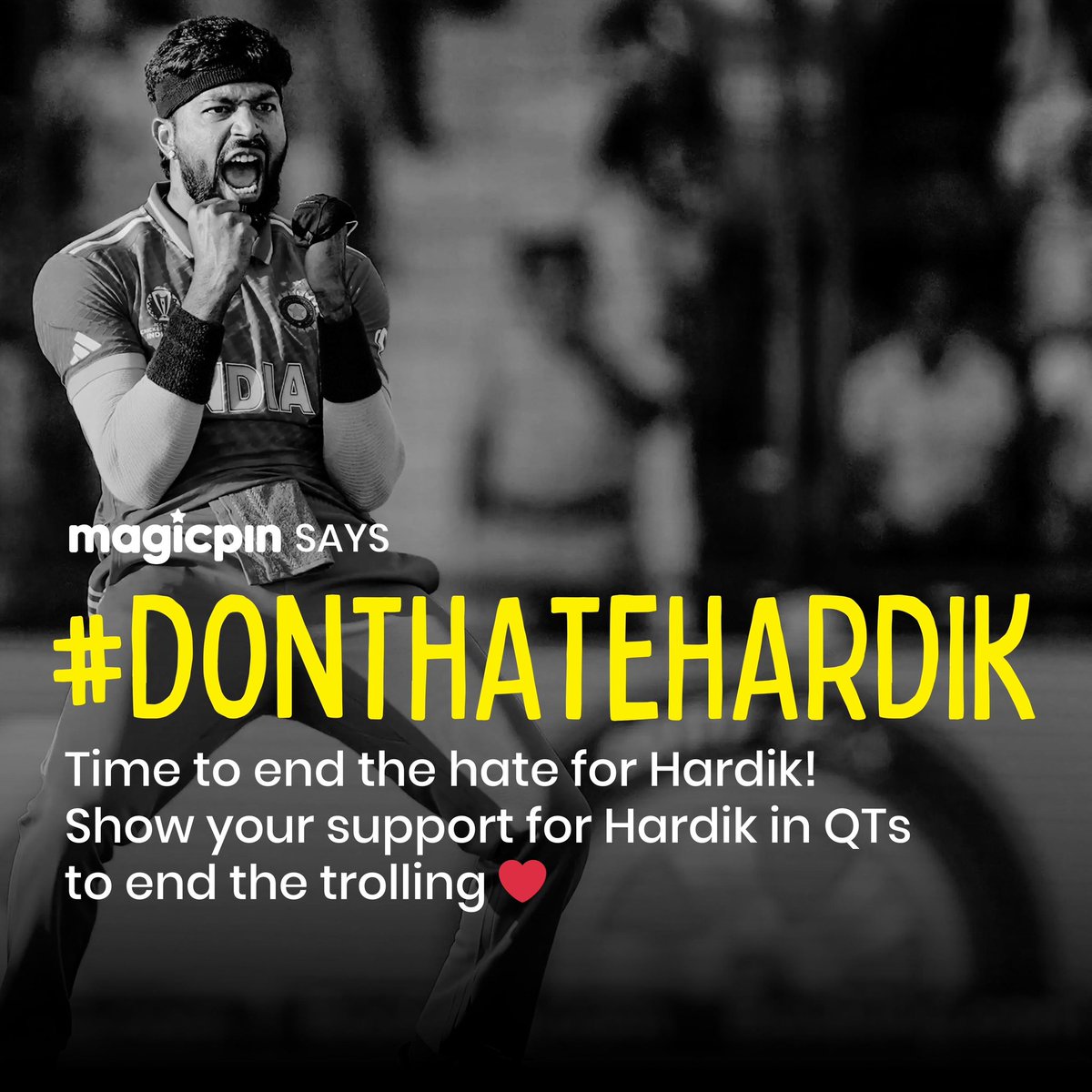 #DontHateHardik 🔥 SUPPORT HARDIK ❤️ And his mental health! QT your support for Hardik with a powerful message or share magical moments from his #ipl or #TeamIndia career 🏏 If we get 100 QTs for @hardikpandya7 , we'll put a giant hoarding that reads 'We ❤️ Hardik'.