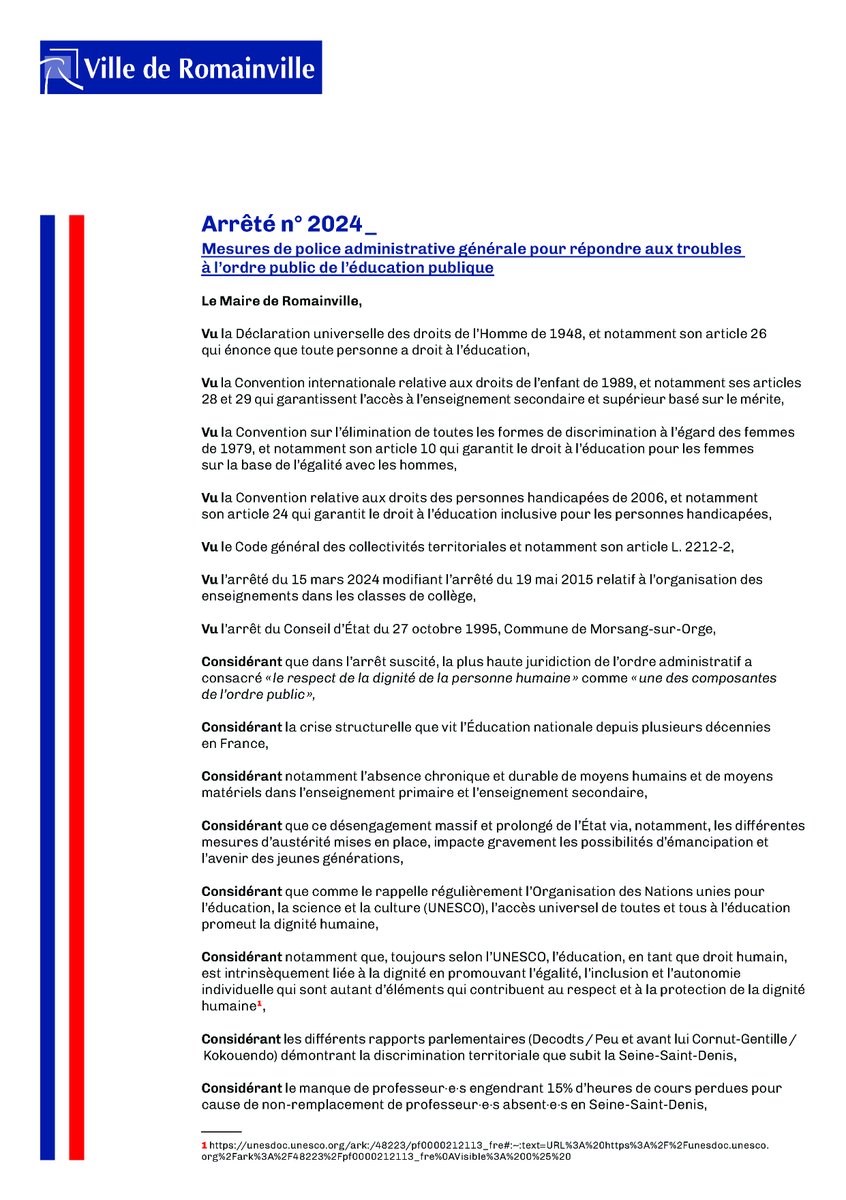 12 Maires de Seine-Saint-Denis mettent l’État en demeure pour atteinte à la dignité humaine en matière d'éducation.✍️

Face aux inégalités scolaires dans le département, ils exigent l'égalité !📢

L’arrêté &amp; le communiqué de presse⬇️

#PlanDurgence93 #MaDignité93