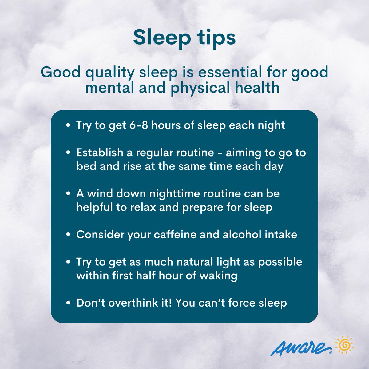 Good quality sleep is essential for good mental and physical health . Here are some small steps you could take today to look after your mental health 😴 Don't forget that we're here for you if you need us. ☎️Support Line 1800 80 48 48 ✅aware.ie/support #mentalhealth