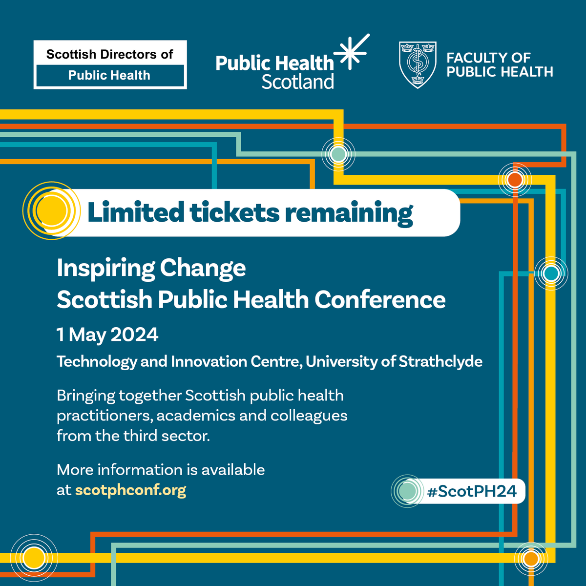 There are limited tickets remaining for our #ScotPH24 conference with @P_H_S_Official & the Scottish Directors of Public Health Group. Taking place 1 May '24 in Glasgow, this conference will bring together the public health family in Scotland and beyond! scotphconf.org