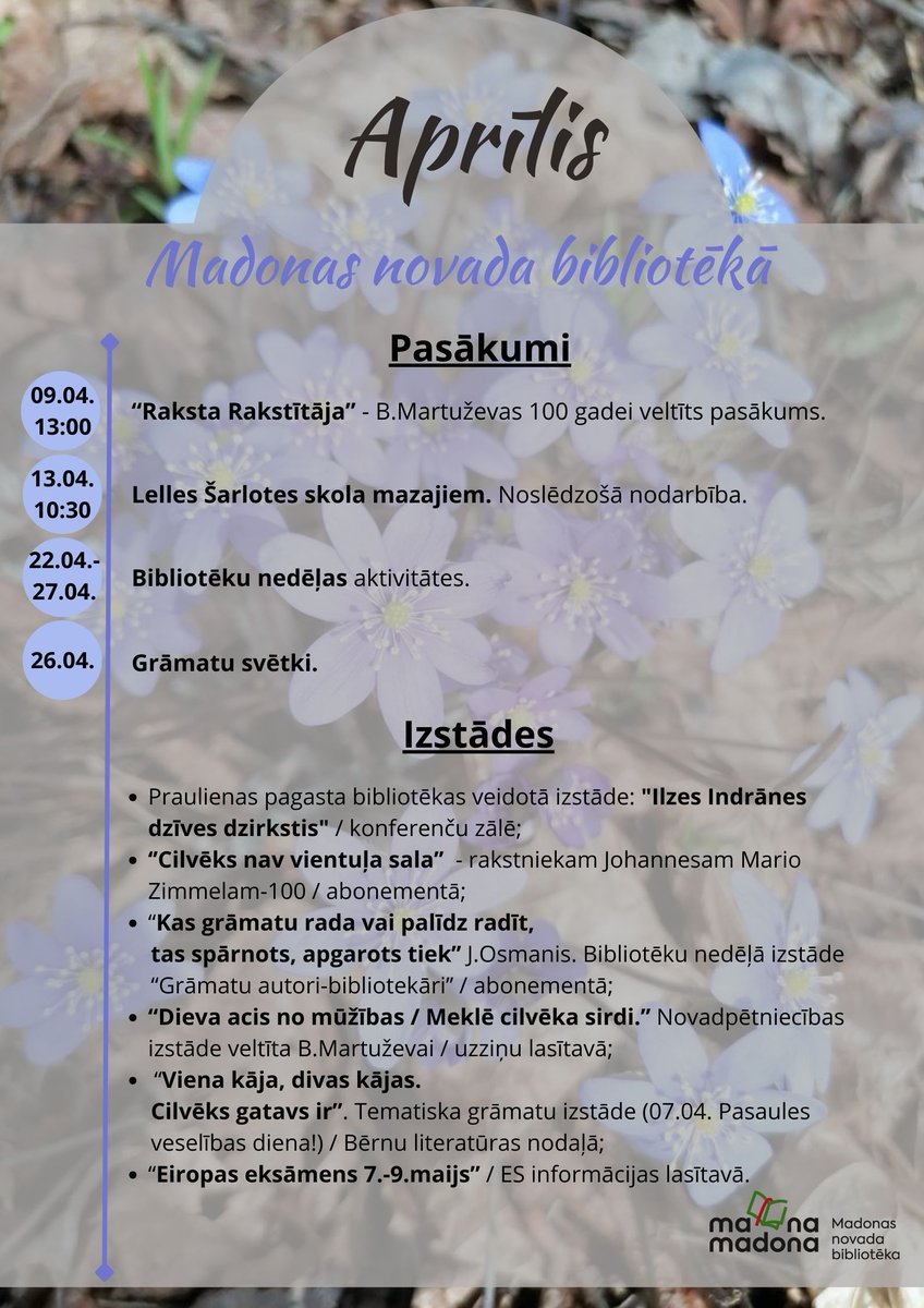 Klāt jauns mēnesis - ar jaunām aktivitātēm.

Tiekamies bibliotēkā!