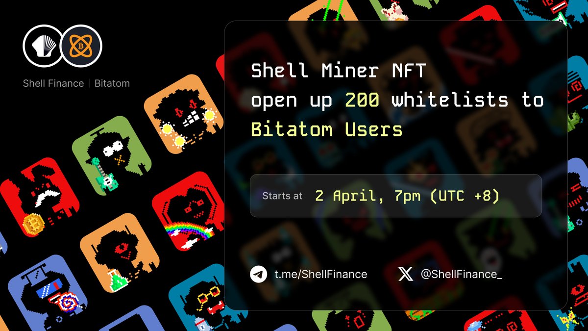 ShellFinance_'s tweet image. ⚛️ @bitatom_io is a user-friendly trading platform on @atomicalsxyz. Shell Miner NFT is opening up 200 WLs to Bitatom users who have traded tokens from Day 1. snapshot taken at block 837,114. @zen913 

Claim now, FCFS: shellfinance.xyz/darkman/Bitato…