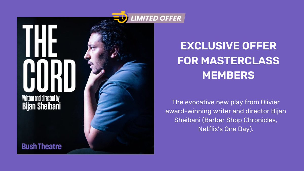 LIMITED OFFER Get your hands on tickets for The Cord @ the Bush Theatre with our exclusive Masterclass Member deal. Head to your dashboard to BOOK NOW! The evocative new play from Olivier award-winning writer & Director Bijan Sheibani (Barber Shop Chronicles & One Day) #Theatre