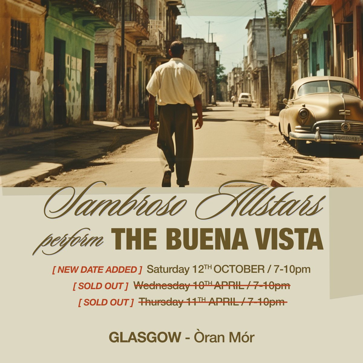 ON SALE // To follow on from 2 sold out shows this month Sambroso Allstars are coming back to perform The Buena Vista again in October! Saturday 12th October Get your tickets quick from @TicketWebUK >> tinyurl.com/2k6ryrtm calling 0141 357 6211 or in person at our box office