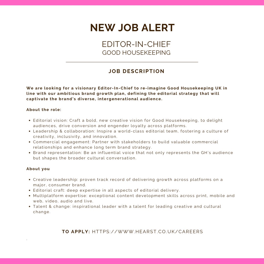 Exciting new job alert ‼️ @GHmagazine is looking for a new editor-in-chief who will re-imagine the brand and captivate its diverse, intergenerational audience ✍️ If you think you fit the bill, apply now!