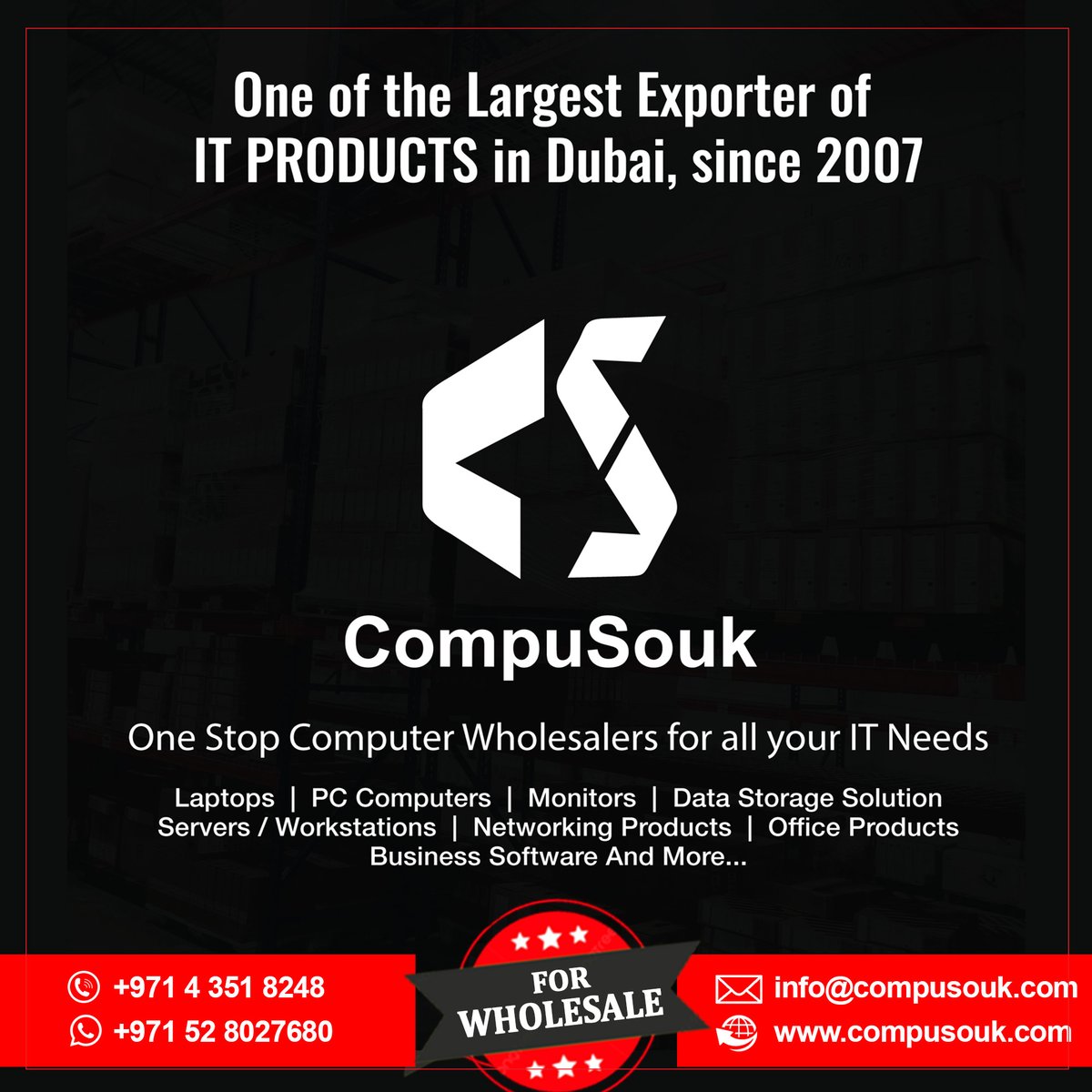 Feel free to connect to the Largest #Exporter of #ITProducts for your any requirements.

Shipping Worldwide
Call:☑️ +971 4 351 8248 ☑️ Whatsapp : +971 52 8027680 ☑️ Email: info@compusouk.com

#Compusouk #ComputerHardwaresales #Computerdealer #LaptopsDealer #HardwareWholesale