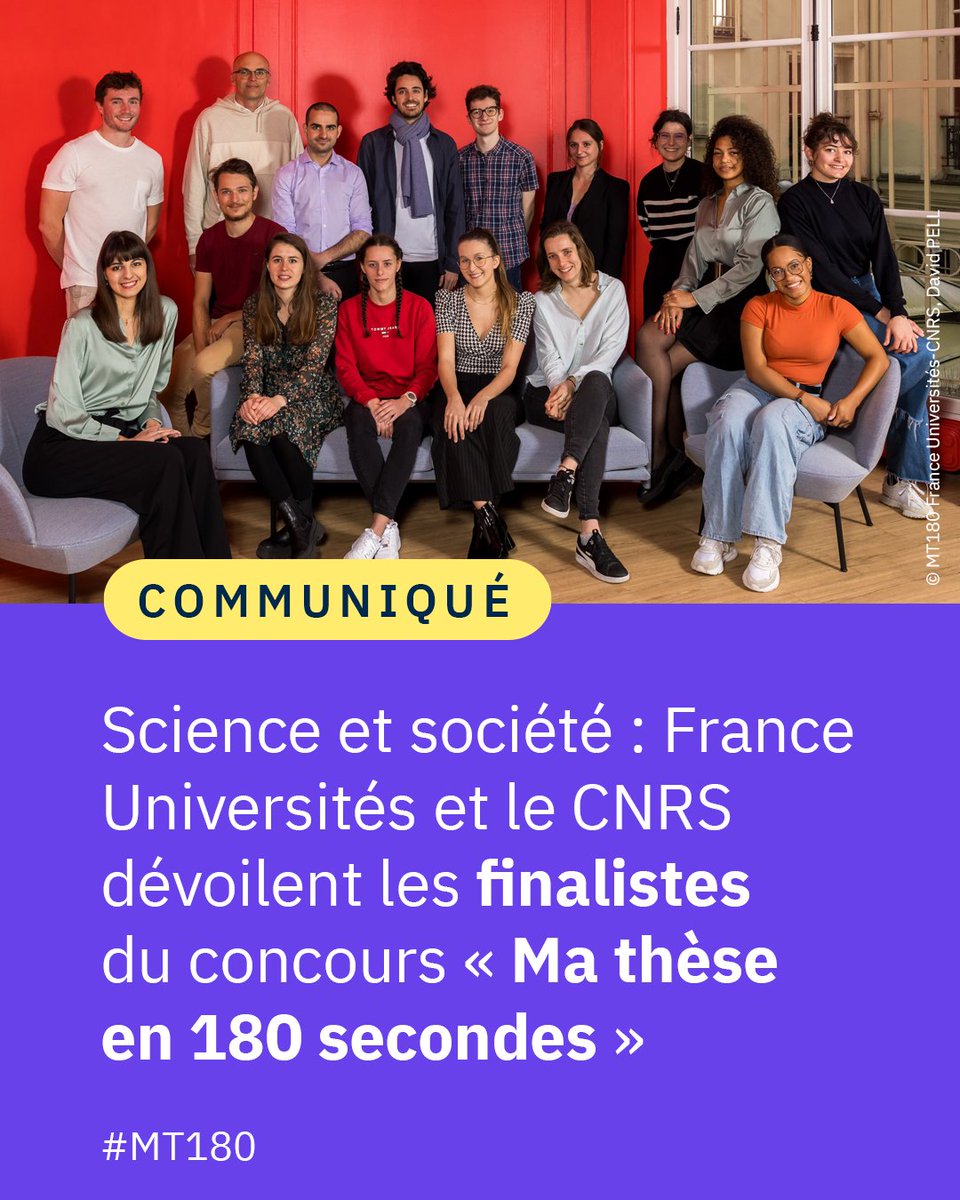 #Communiqué 🗞️ 3 minutes pour raconter des histoires scientifiques ancrées dans la société, c’est le défi relevé avec brio par 16 doctorantes et doctorants du concours #MT180 organisé conjointement par @FranceUniv et le @CNRS. ➡️ cnrs.fr/fr/presse/scie…