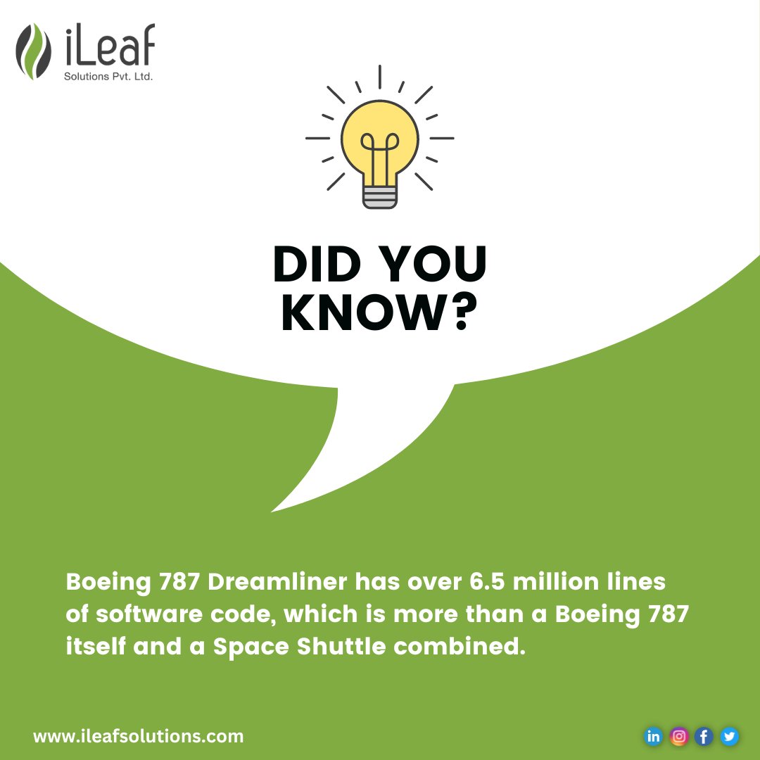 Software takes flight! Did you know a modern Boeing 787 Dreamliner has over 6.5 million lines of code - more than the plane itself and a Space Shuttle combined 🛫💻 Follow for more mind-blowing tech facts! 

#AviationTech #CodeFacts #DidYouKnow