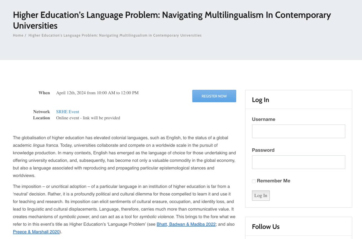 Join us on Fri April 12 at 10am UK time for our Zoom event on "Higher Education's Language Problem". In the this revised schedule, <a href="/obarnawi1/">Prof. Othman (Osman) Barnawi</a> will be presenting the second provocation, alongside Prof Rui Yang and <a href="/Iker_Erdocia/">Iker Erdocia</a>. We hope to see you there!
srhe.ac.uk/civicrm/?civiw…
