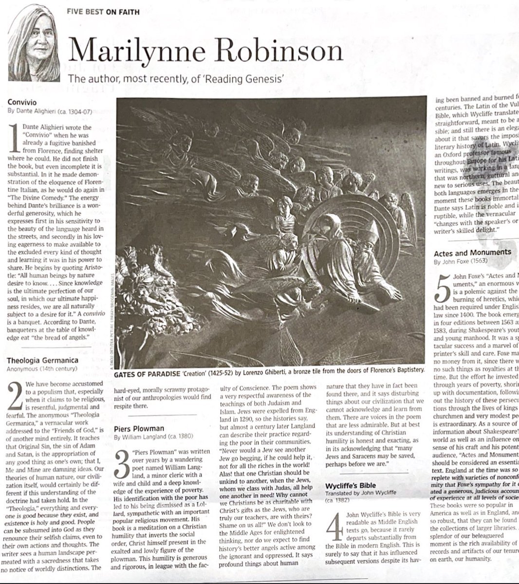 May you be as independent minded as Marilynne Robinson, who when asked by WSJ to recommend 5 books chose only ones published before 1564.