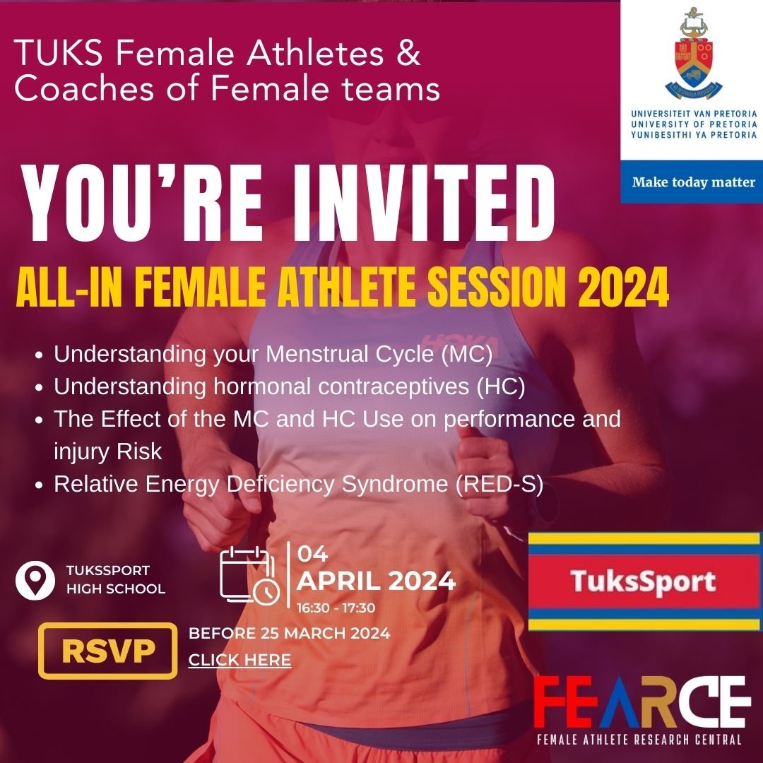 Sign up NOW for this ALL-IN FEMALE ATHLETE session. TuksSport High School hall, 4 April 2024 16:30 - 17:30. The menstrual cycle and hormonal contraceptives' relationship to: Athlete performance, Injury risk Relative Energy Deficiency Syndrome (RED-S) docs.google.com/forms/d/e/1FAI…