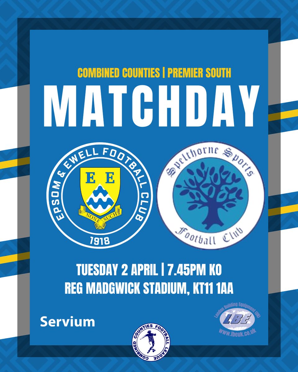 GAME DAY! : Tonight we are at home to @TheSpellyFC 
🏆 Combined Counties | Premier South 
🗓️ Tuesday 2nd April 
⏱️ KO 7:45pm
🏟️ The Reg Madgwick Stadium 
📍KT11 1AA

 🅿️ Limited parking available overflow parking at Hollyhedge pay and display opposite the driveway

#WeAreEpsom