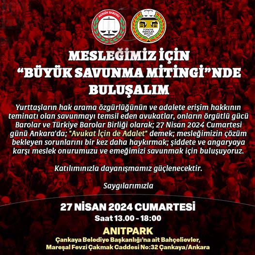 MersinBarosu's tweet photo. Mesleğimiz için 'Büyük Savunma Mitinginde' buluşalım. 

🗓️ 27 Nisan 2024 Cumartesi
🕐 13.00-18.00
📍 Anıtpark (Çankaya Belediye Başkanlığı’na ait Bahçelievler Mareşal Fevzi Çakmak Caddesi No: 32 Çankaya/Ankara) https://t.co/qjovaRSNIa