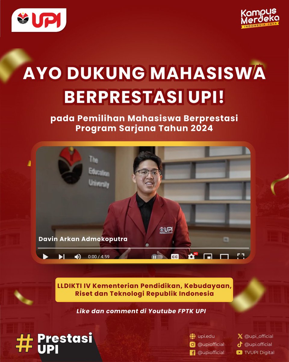 Ayooo dukung Davin Arkan Admokoputra sebagai Mahasiswa Berprestasi Tahun 2024 perwakilan UPI, dengan like dan comment di 
youtu.be/HQRsk_Biea8👍

Terima kasih ♥
#PrestasiUPI #MahasiswaBerprestasi #PelopordanUnggul