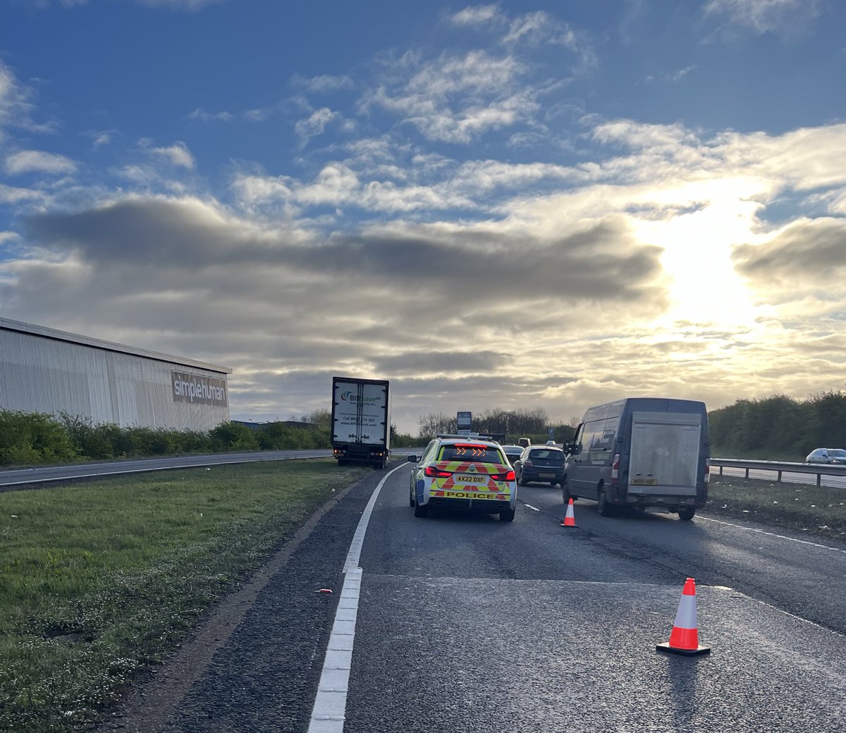 RP14 - #A14 Eastbound J13 - J14 Thrapston LANE 1 CLOSED due to a vehicle having a tyre blow-out. Please use caution on the approach.