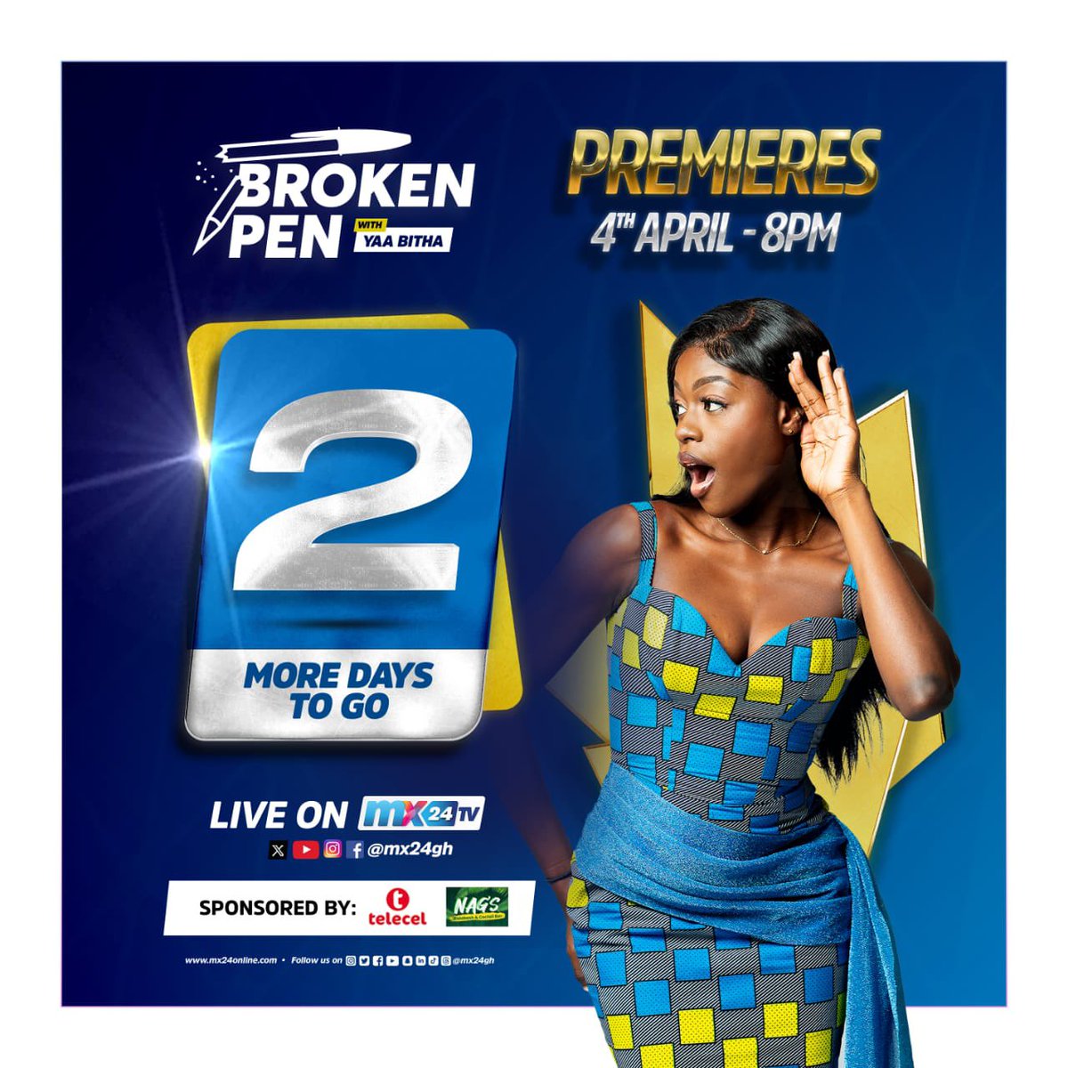 We are two days away. Catch the #Brokenpen show on your TV Screens and Live on social media platforms with your host @yaabitha and her guests from 4th April, at 8pm. Brought to you by @telecelgroup and @zicopie #mx24gh #funfearlessfactual #Brokenpen #BrokenpenonMX24