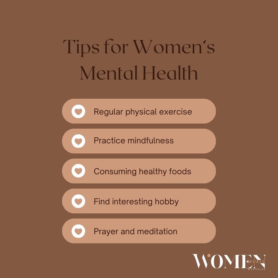 Boost women's mental health with: exercise, mindfulness, healthy diet, hobbies, prayer & meditation.

#MentalHealthTips #WellnessWomen #mentalhealthweek #mentalhealthweek #mentalhealthcare