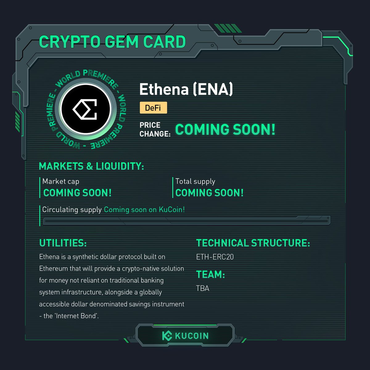 kucoincom's tweet photo. $ENA trading is now live on #KuCoin!

🚀ENA/USDT: https://t.co/OfIF0Rbjb9 

Find out more about Ethena in #KuCoinCryptoGem card.

#DeFi https://t.co/KlCD7SVx5Q