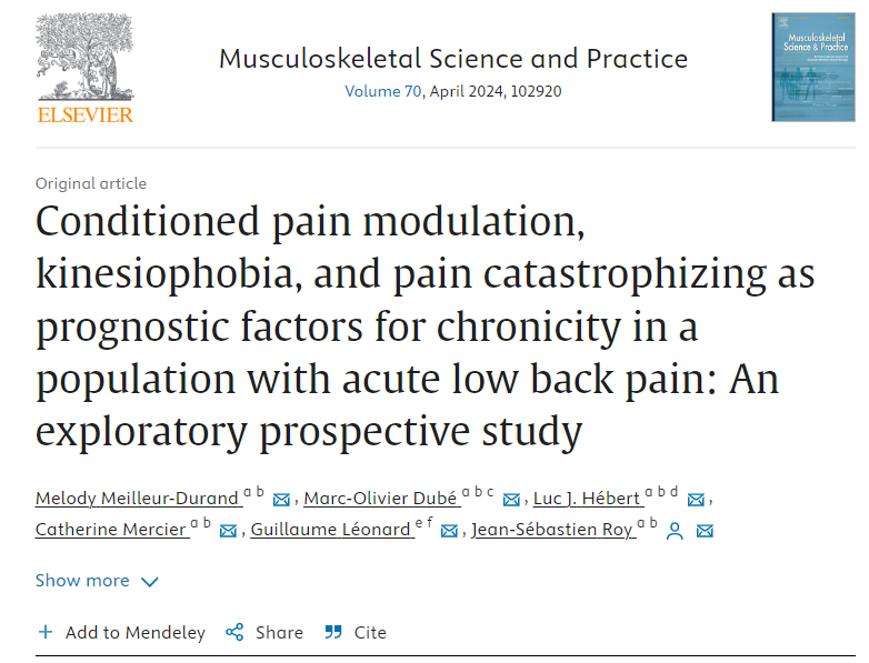 Inefficient CPM (conditioned pain modulation ) mechanisms and the presence of psychological factors might NOT be factors associated with the transition from acute to chronic low back pain. Pain catastrophizing changes were associated with pain intensity changes.…