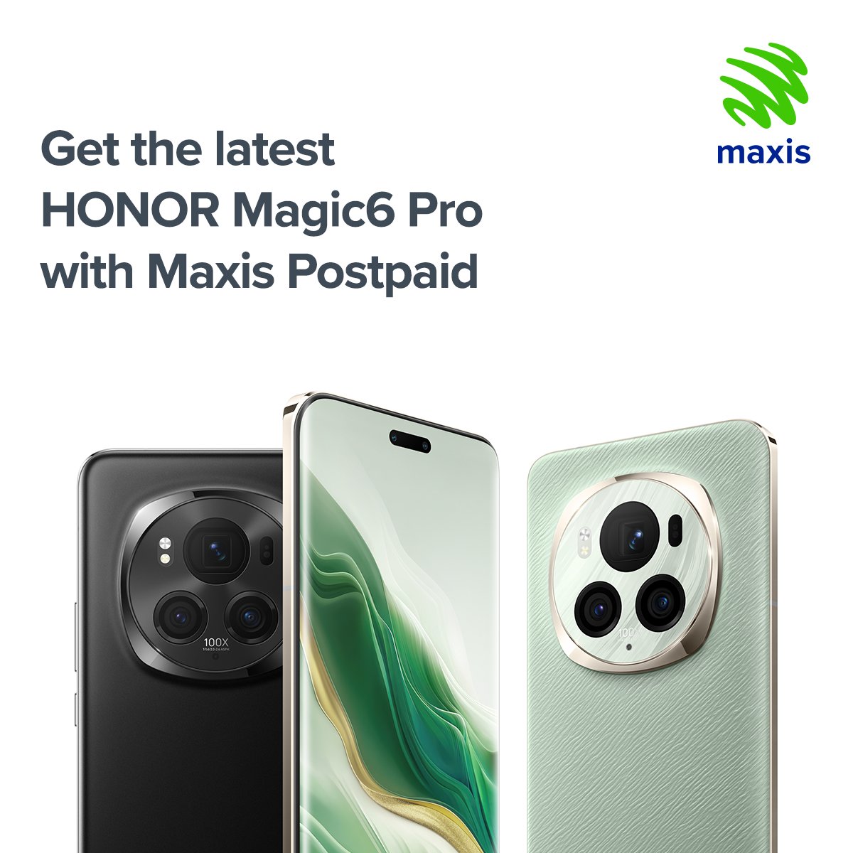 Maxis's tweet photo. It's here! The Honor Magic 6 Pro is now easier to own from RM109/mth with #MaxisPostpaid 109. 💚 For more info: https://t.co/0gf4kiyHYo
✅ 200GB bonus 5G data
✅ 1 year extended warranty &amp; screen crack protection
#Maxis5G #MaxisZerolution https://t.co/ZLe6yJlB4S