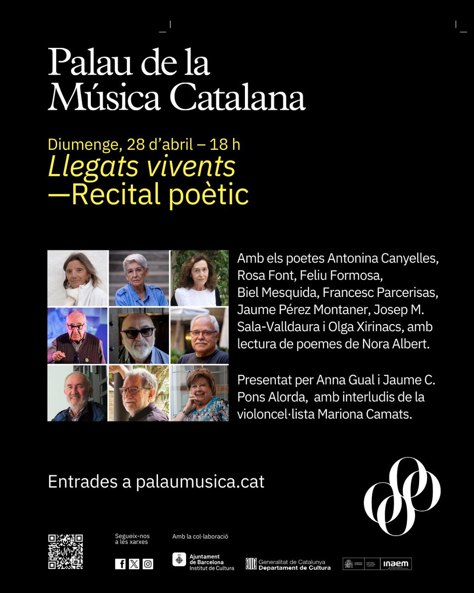 El 28 d'abril gaudirem d'un dels recitals més importants del 2024. A les 18h a la Sala Gran del @palaumusicacat. Heu vist els poetes que hi recitaran? 👌🏼 Entrades: palaumusica.cat/ca/llegats-viv… Esperem veure'us-hi.