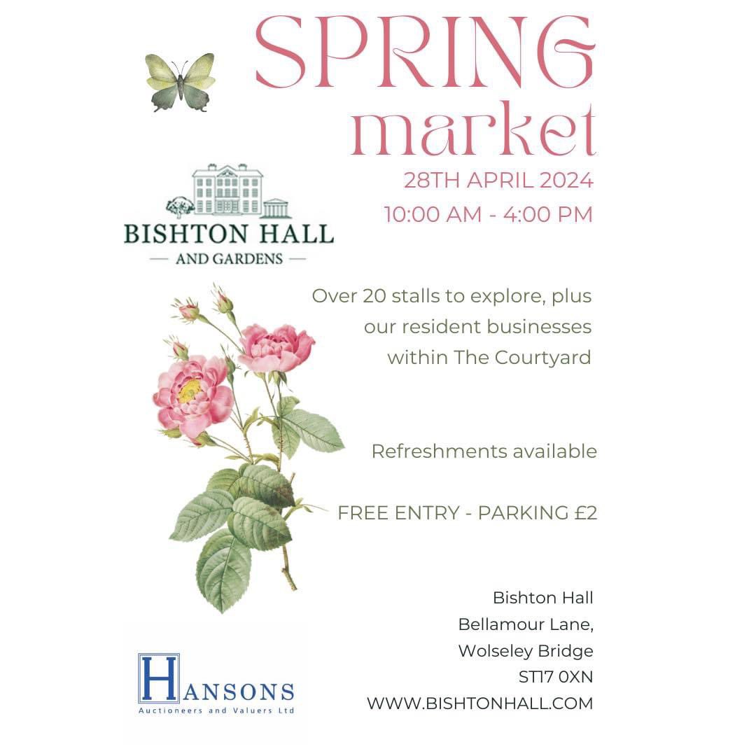 Our Spring Market is this month… We have just 3 remaining spaces for stalls, please contact us to book. @HansonsAuctions @hansonsstaffs @BishtonHall #bishtonhallandgardens #hansonsbishton #staffordshire #marketdays #hansonsauctioneers