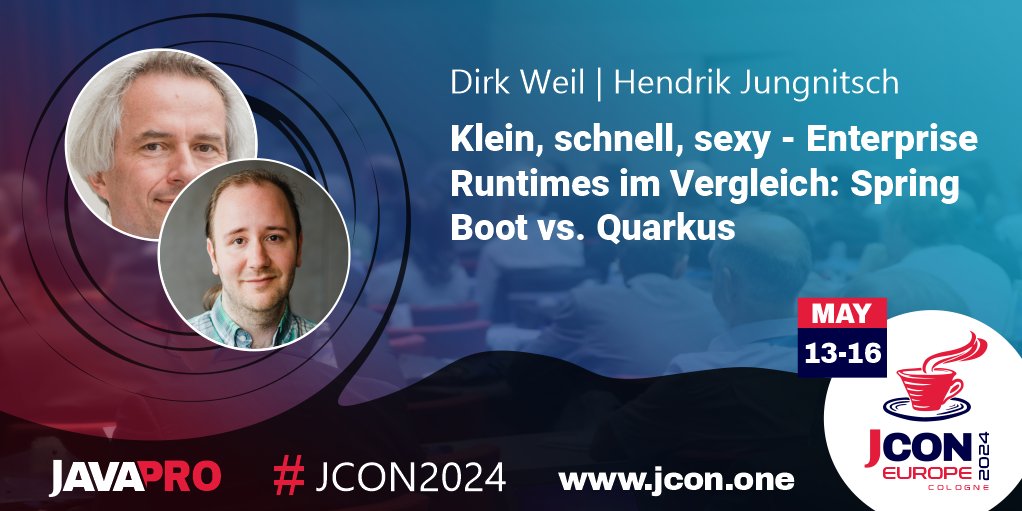 jcon_conference's tweet photo. Excited for #JCON EUROPE 2024? See @dirkweil &amp; Hendrik Jungnitsch at #JCON2024 in Cologne talking about 'Klein, schnell, sexy - Enterprise Runtimes im Vergleich: #SpringBoot vs. #Quarkus'

Wenn's kein Application Server sein …

Get your free #JUG Ticket: https://t.co/wTLeI3taOB https://t.co/0zY7QyfePY