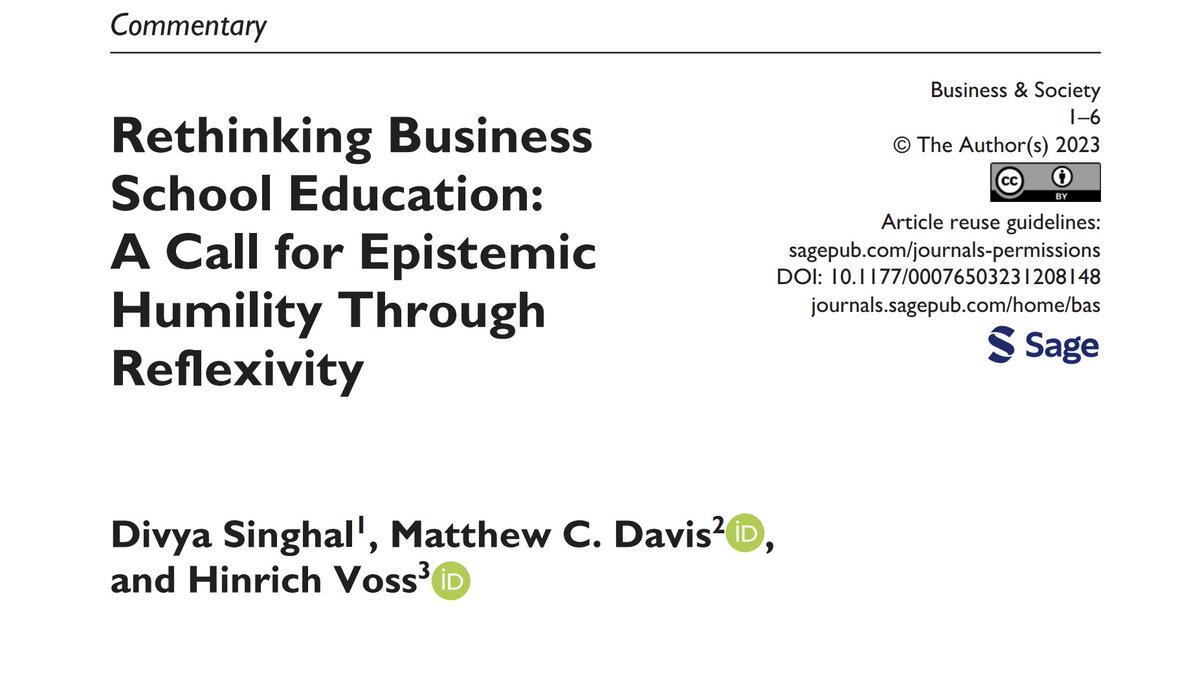 ONLINE FIRST! Read new commentary by @ajmerkidivya, M. Davis & @VossHinrich arguing that business schools should purposefully design in opportunities for #reflexivity to stimulate epistemic humility & create leaders fit to tackle the #SDGs. Open Access: doi.org/10.1177/000765…