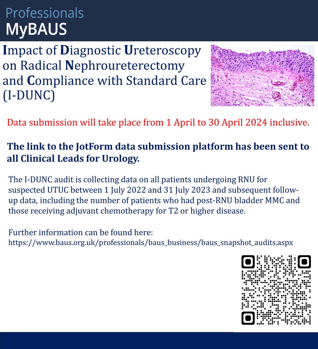 👀 BAUS I-DUNC AUDIT ‼️Data submission now open - Clinical Leads for Urology have been sent the link to the data submission platform. Data submission closes 30 April More info: baus.org.uk/professionals/… @jonathananing @stingrai78