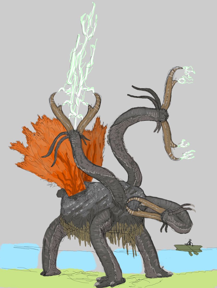 Ok finally the hellscape that is April 1st is over 

Anyways,
A fan interpretation of King Ghidorah (Trimantias rex)

Depicted as a group of predatory polychaete worms that inhabit one “body”. The heads and “legs” correspond to three separate individuals.