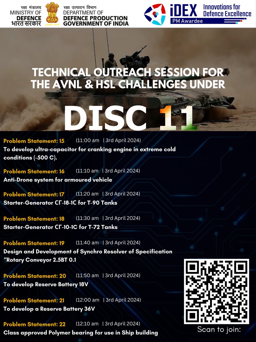 Join #iDEX for a technical outreach session organised by #iDEX with @avnlofmkpro & @CMD_HSL on 3rd April 2024. Get answers to your queries & explore in detail the challenges launched under #DISC11 by #AVNL & #HSL. #Startups #MSMEs #Innovators , join via: mpf.webex.com/mpf/j.php?MTID…