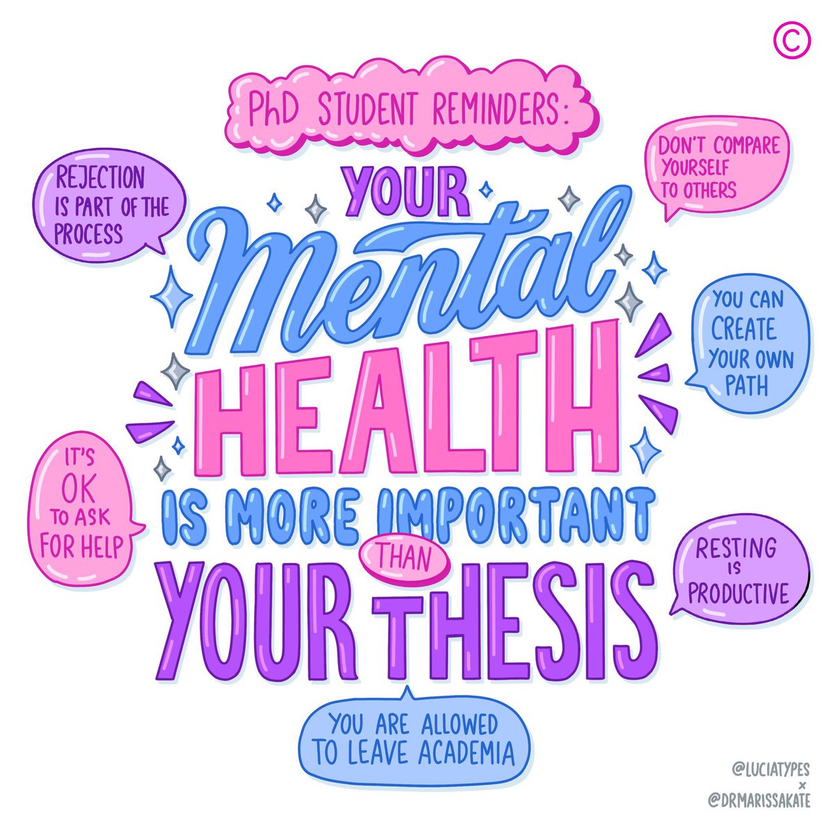 With lots of new followers here, it’s probably time to post this again. 💜 These are some of the daily reminders I wish I could have had when I was a PhD student. More #AcademicMentalHealth art with the wonderful @LuciaTypes coming hopefully later this year. ☺️